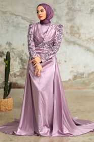 Neva Style - Satin Lila Islamic Clothing Wedding Dress 2282LILA - Thumbnail