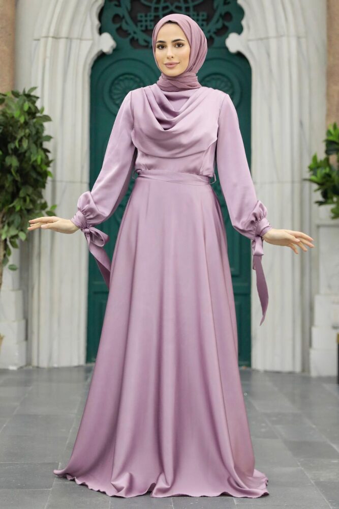 Neva Style - Satin Lila Islamic Long Sleeve Maxi Dress 38031LILA - 1