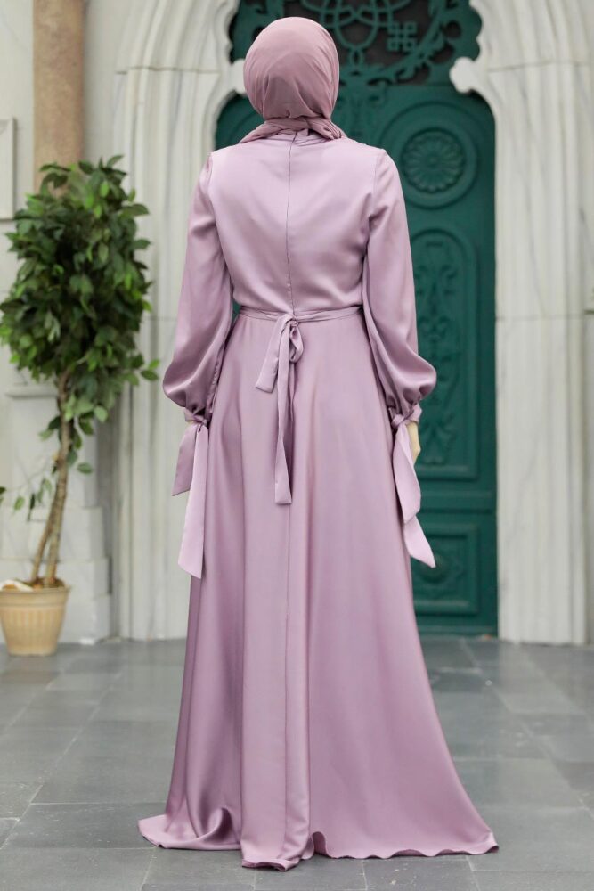 Neva Style - Satin Lila Islamic Long Sleeve Maxi Dress 38031LILA - 2