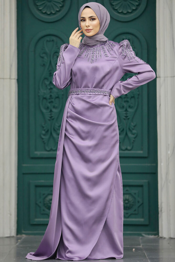 Satin Lila Modest Islamic Clothing Evening Dress 41312LILA - 2