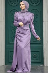 Neva Style - Satin Lila Modest Islamic Clothing Evening Dress 41312LILA - Thumbnail