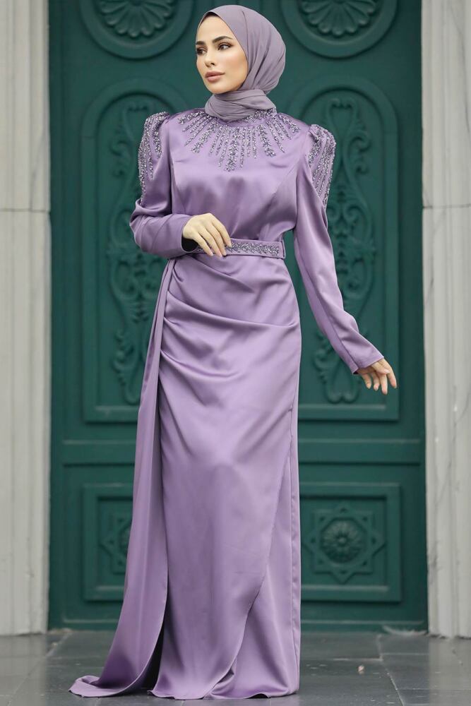 Satin Lila Modest Islamic Clothing Evening Dress 41312LILA - 1