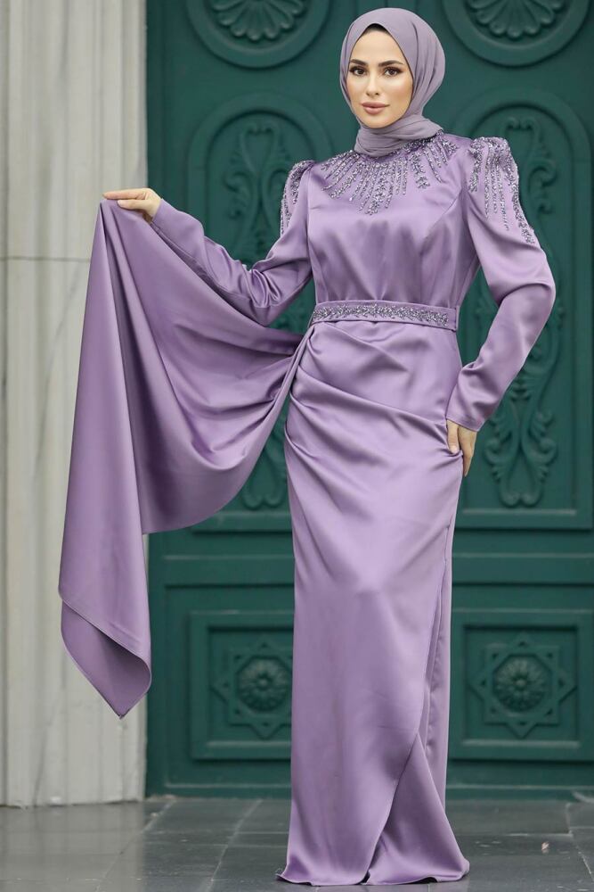 Satin Lila Modest Islamic Clothing Evening Dress 41312LILA - 3