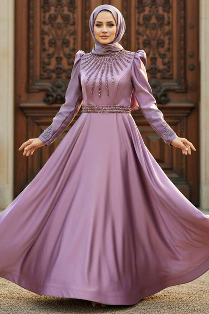 Neva Style - Satin Lila Modest Islamic Clothing Wedding Dress 22840LILA - TESETTÜRLÜ ABİYE ELBİSELER