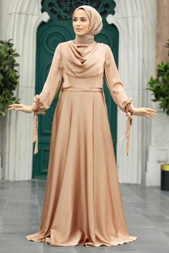 Satin Mink Islamic Long Sleeve Maxi Dress 38031V - 1