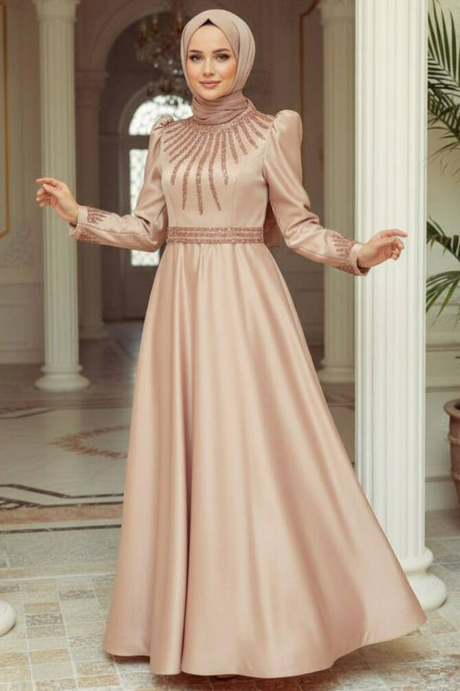 Neva Style - Satin Mink Modest Islamic Clothing Wedding Dress 22840V - TESETTÜRLÜ ABİYE ELBİSELER