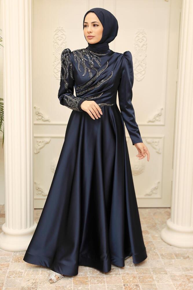 Neva Style - Satin Navy Blue Hijab Prom Dress 2239L - 2