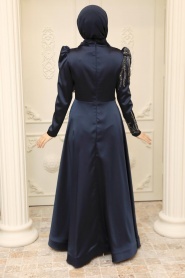 Neva Style - Satin Navy Blue Hijab Prom Dress 2239L - Thumbnail