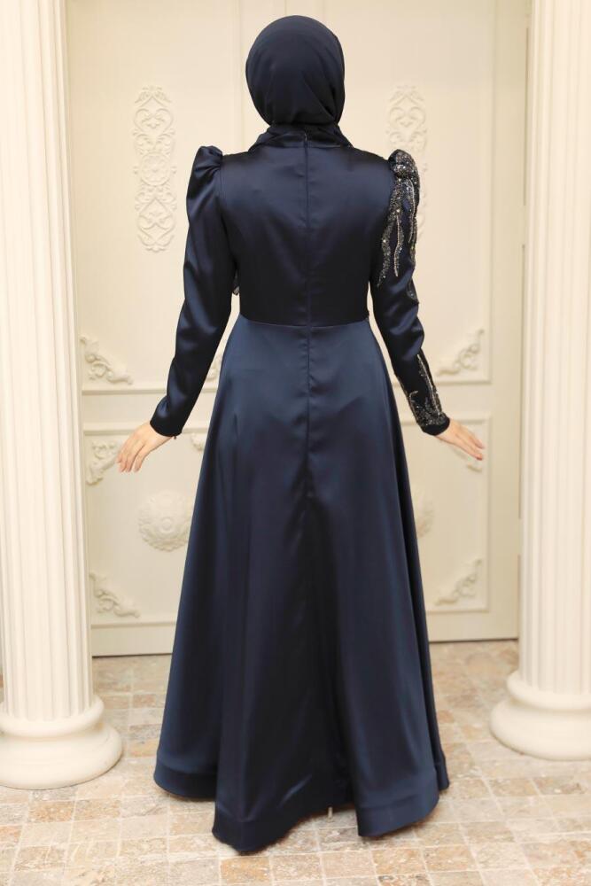 Neva Style - Satin Navy Blue Hijab Prom Dress 2239L - 3