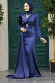 Neva Style - Satin Navy Blue Hijab Wedding Dress 22891L - Thumbnail