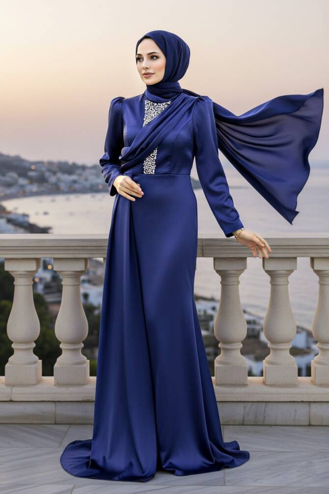Satin Navy Blue Hijab Wedding Dress 22891L - 1