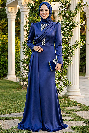 Satin Navy Blue Hijab Wedding Dress 22891L - 1