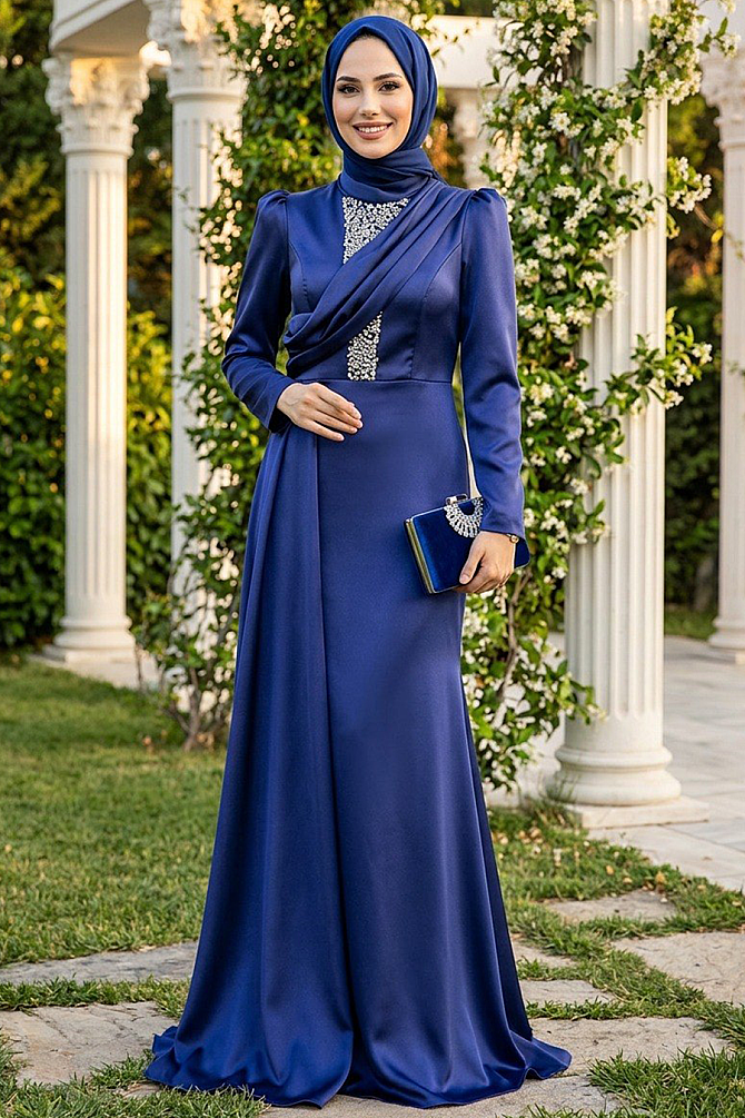 Satin Navy Blue Hijab Wedding Dress 22891L - 1