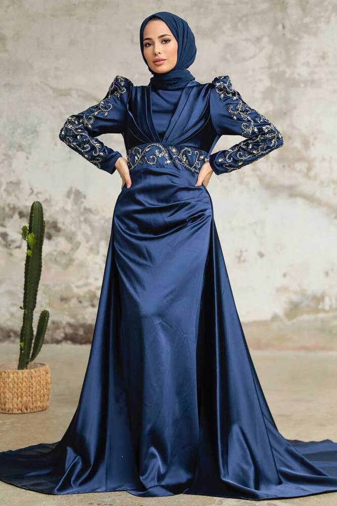 Neva Style - Satin Navy Blue Islamic Clothing Wedding Dress 2282L - 2