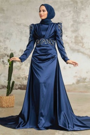 Neva Style - Satin Navy Blue Islamic Clothing Wedding Dress 2282L - Thumbnail