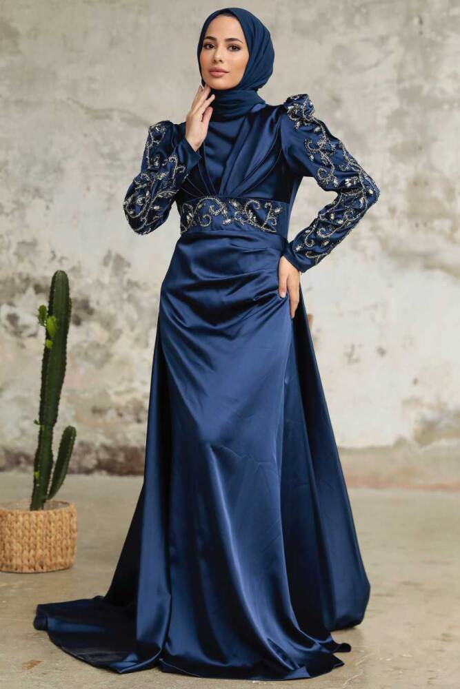 Neva Style - Satin Navy Blue Islamic Clothing Wedding Dress 2282L - 3