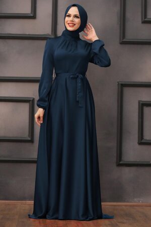 Satin Navy Blue Islamic Engagement Dress 25131L - 1