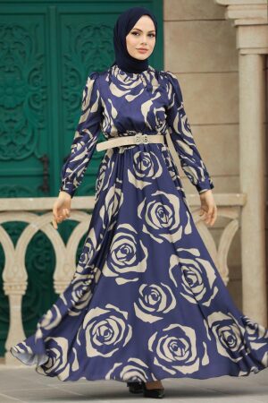 Satin Navy Blue Islamic Evening Dress 39232L - 1