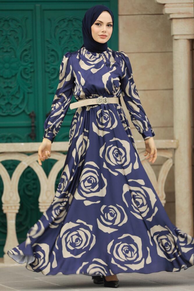 Satin Navy Blue Islamic Evening Dress 39232L - 1