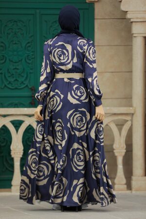 Satin Navy Blue Islamic Evening Dress 39232L - 2