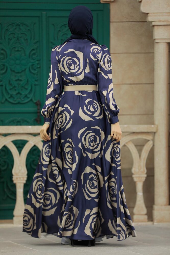 Satin Navy Blue Islamic Evening Dress 39232L - 2
