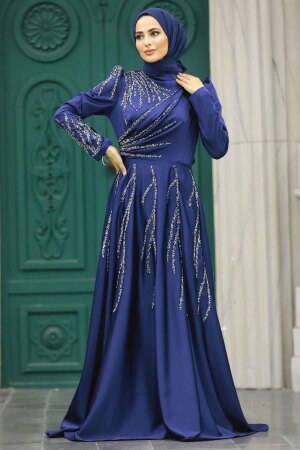 Satin Navy Blue Islamic Long Sleeve Dress 3984L - 2