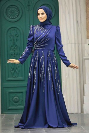 Satin Navy Blue Islamic Long Sleeve Dress 3984L - 3