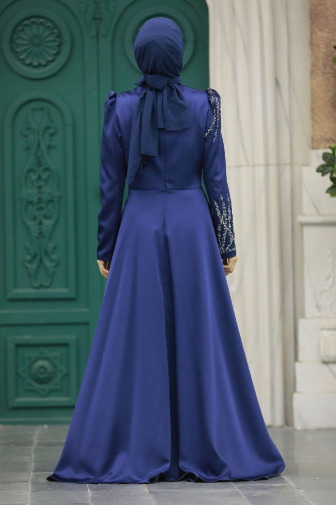 Satin Navy Blue Islamic Long Sleeve Dress 3984L - 4