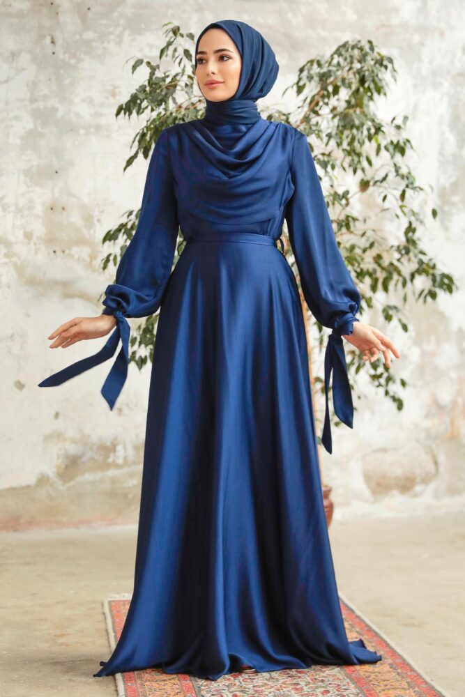 Neva Style - Satin Navy Blue Islamic Long Sleeve Maxi Dress 38031L - 1