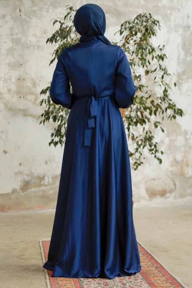 Neva Style - Satin Navy Blue Islamic Long Sleeve Maxi Dress 38031L - 3