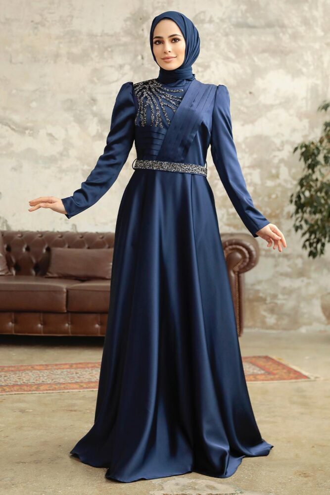 Satin Navy Blue Islamic Wedding Dress 3967L - 1