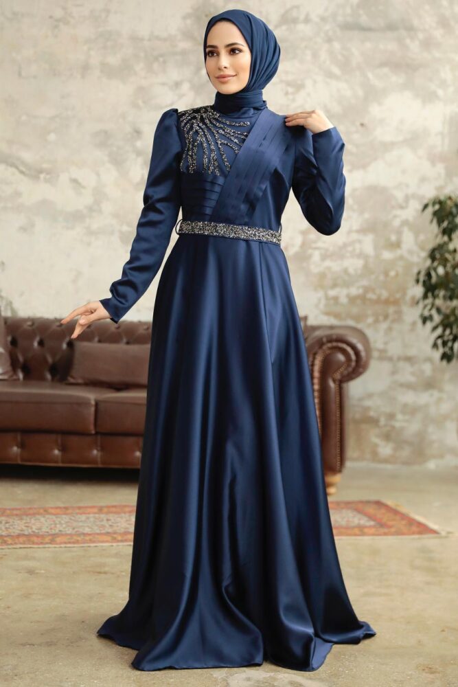 Satin Navy Blue Islamic Wedding Dress 3967L - 2