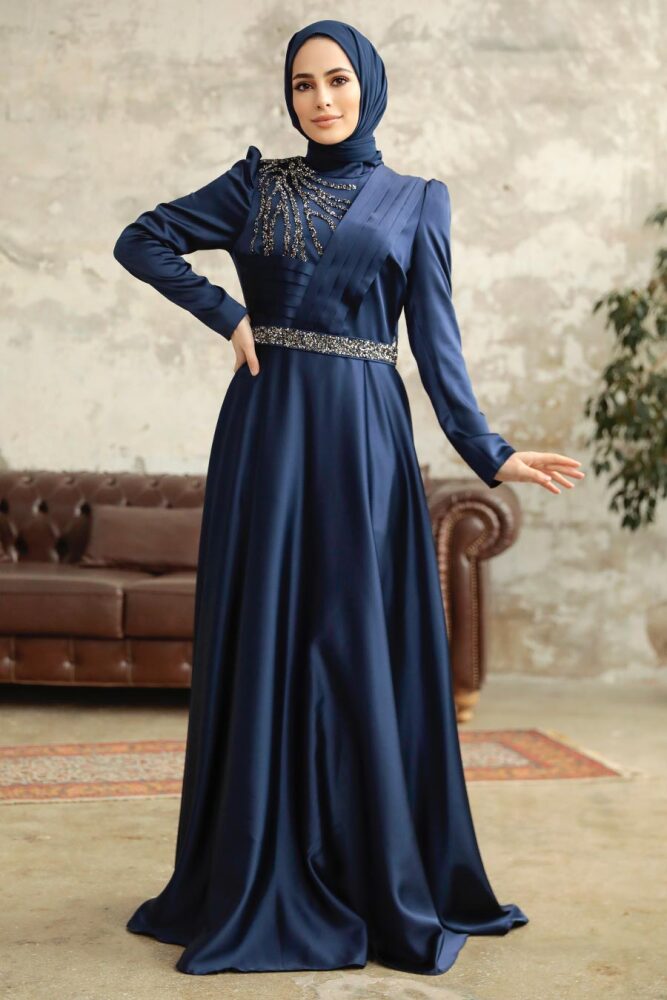 Satin Navy Blue Islamic Wedding Dress 3967L - 3