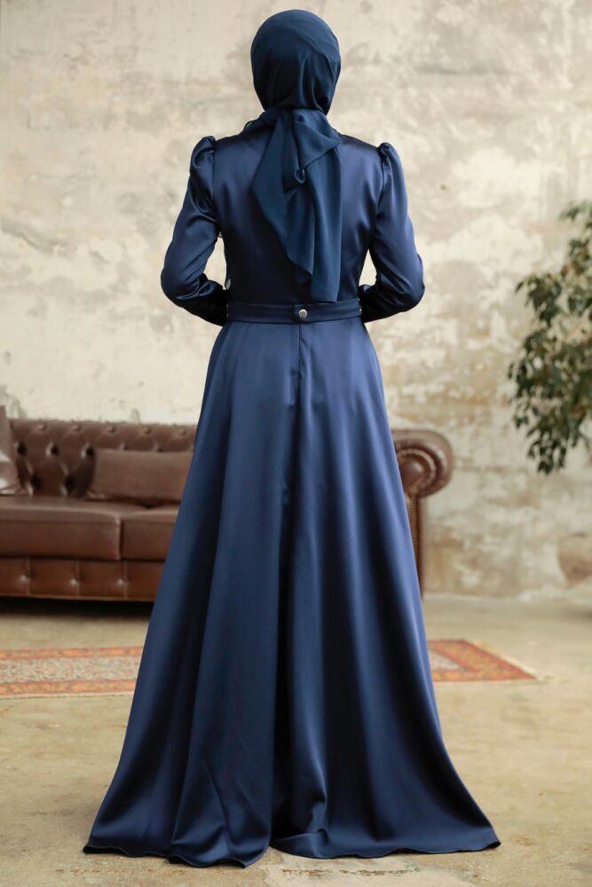 Satin Navy Blue Islamic Wedding Dress 3967L - 4