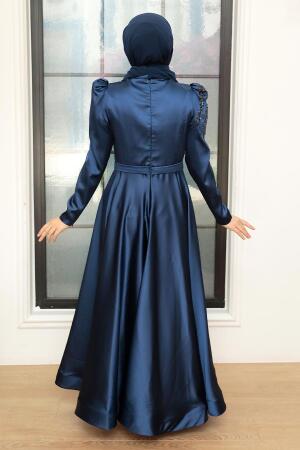 Neva Style - Satin Navy Blue Modest Evening Dress 22584L - Thumbnail