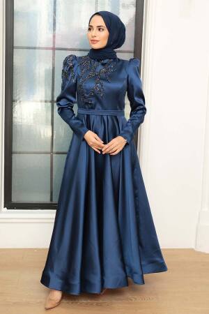 Neva Style - Satin Navy Blue Modest Evening Dress 22584L - Thumbnail