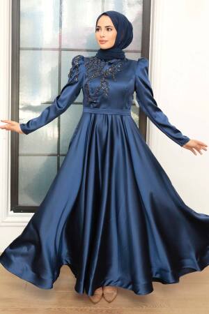 Neva Style - Satin Navy Blue Modest Evening Dress 22584L - Thumbnail