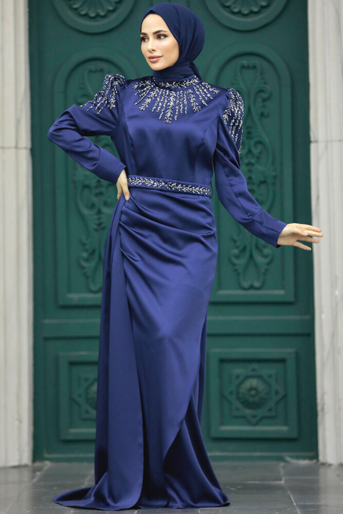 Satin Navy Blue Modest Islamic Clothing Evening Dress 41312L - 1