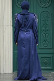 Neva Style - Satin Navy Blue Modest Islamic Clothing Evening Dress 41312L - Thumbnail