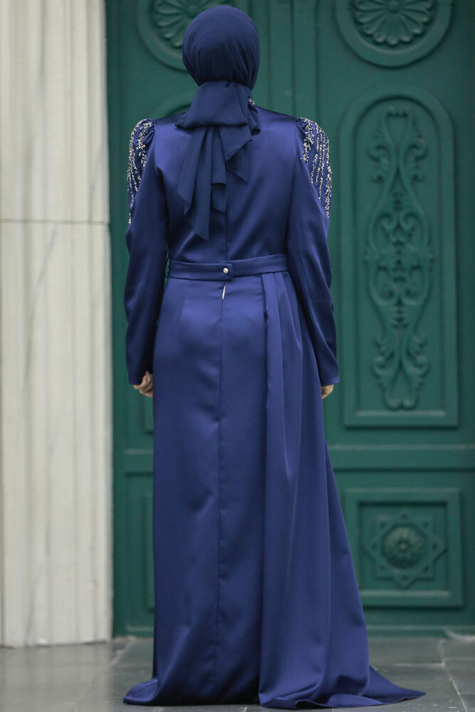 Satin Navy Blue Modest Islamic Clothing Evening Dress 41312L - 2