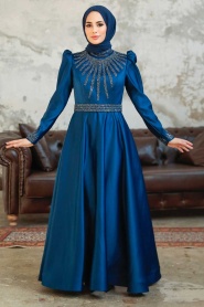 Neva Style - Satin Navy Blue Modest Islamic Clothing Wedding Dress 22840L - Thumbnail