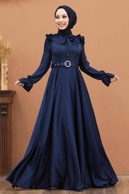 Neva Style -Satin Navy Blue Muslim Bridal Dress 27240L - Thumbnail