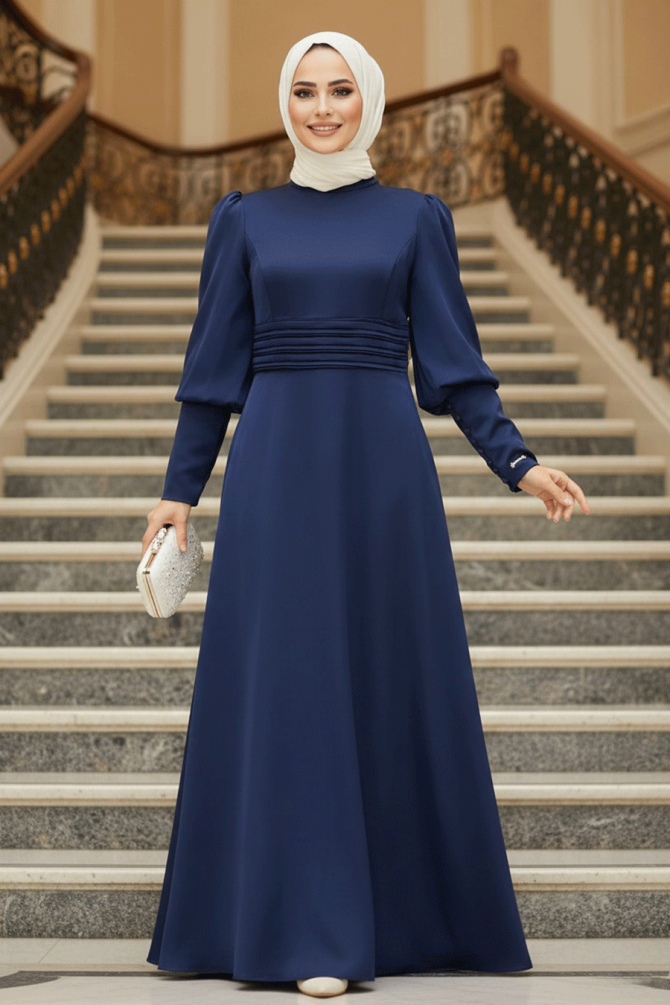 Satin Navy Blue Muslim Bridesmaid Dress 4171L - 1
