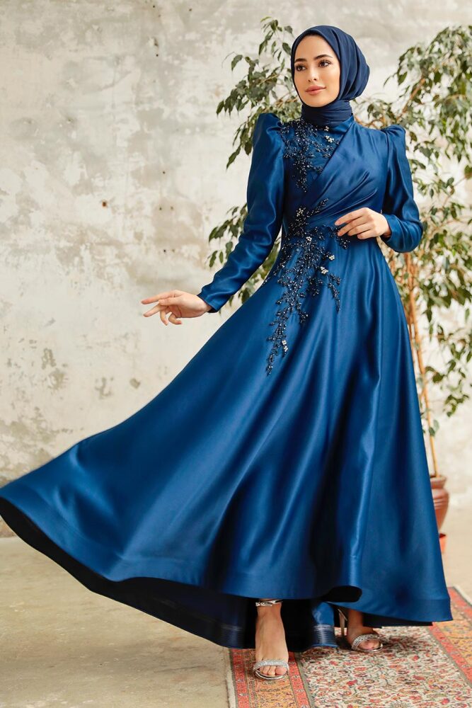 Neva Style - Satin Navy Blue Islamic Engagement Gown 22460L - 1