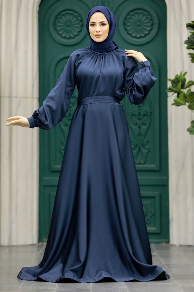 Satin Navy Blue Muslim Evening Gown 5758L - 2