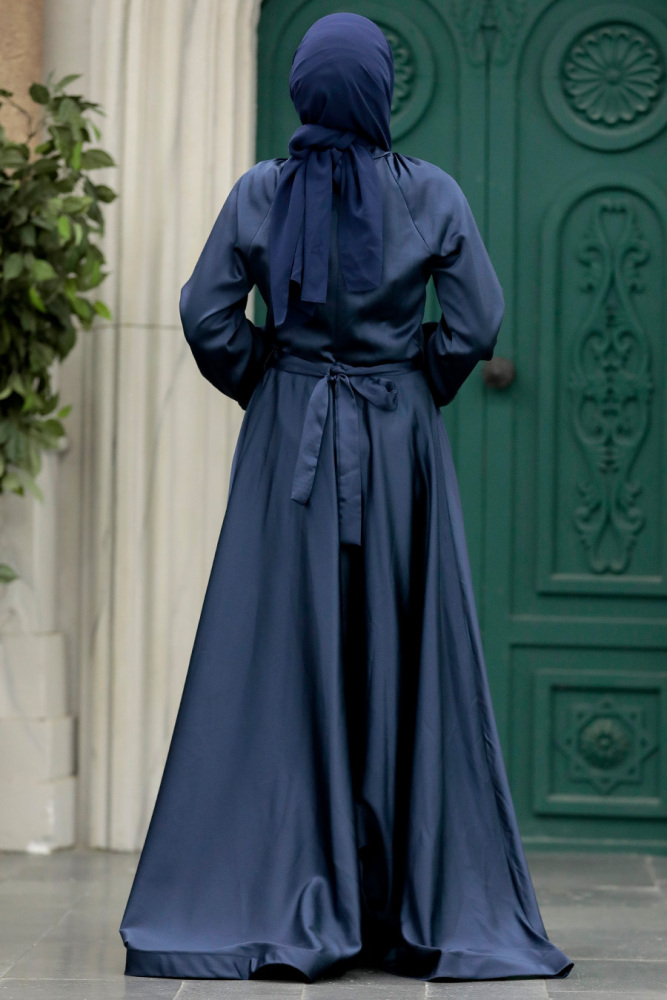 Satin Navy Blue Muslim Evening Gown 5758L - 3