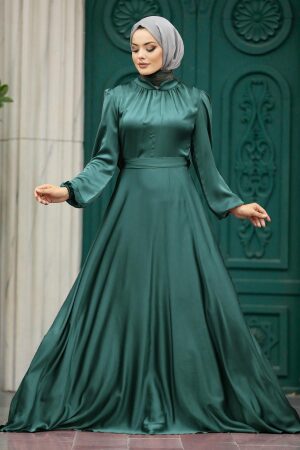 Satin Petrol Green Islamic Engagement Dress 25131PY - 1