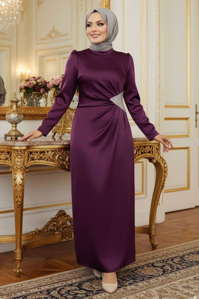 Satin Plum Color Muslim Bridal Dress 5940MU - 1
