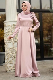 Neva Style - Satin Powder Pink Hijab Evening Gown 39620PD - Thumbnail