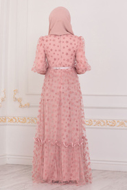Neva Style - Satin Powder Pink Modest Islamic Clothing Wedding Dress 22840PD - Thumbnail